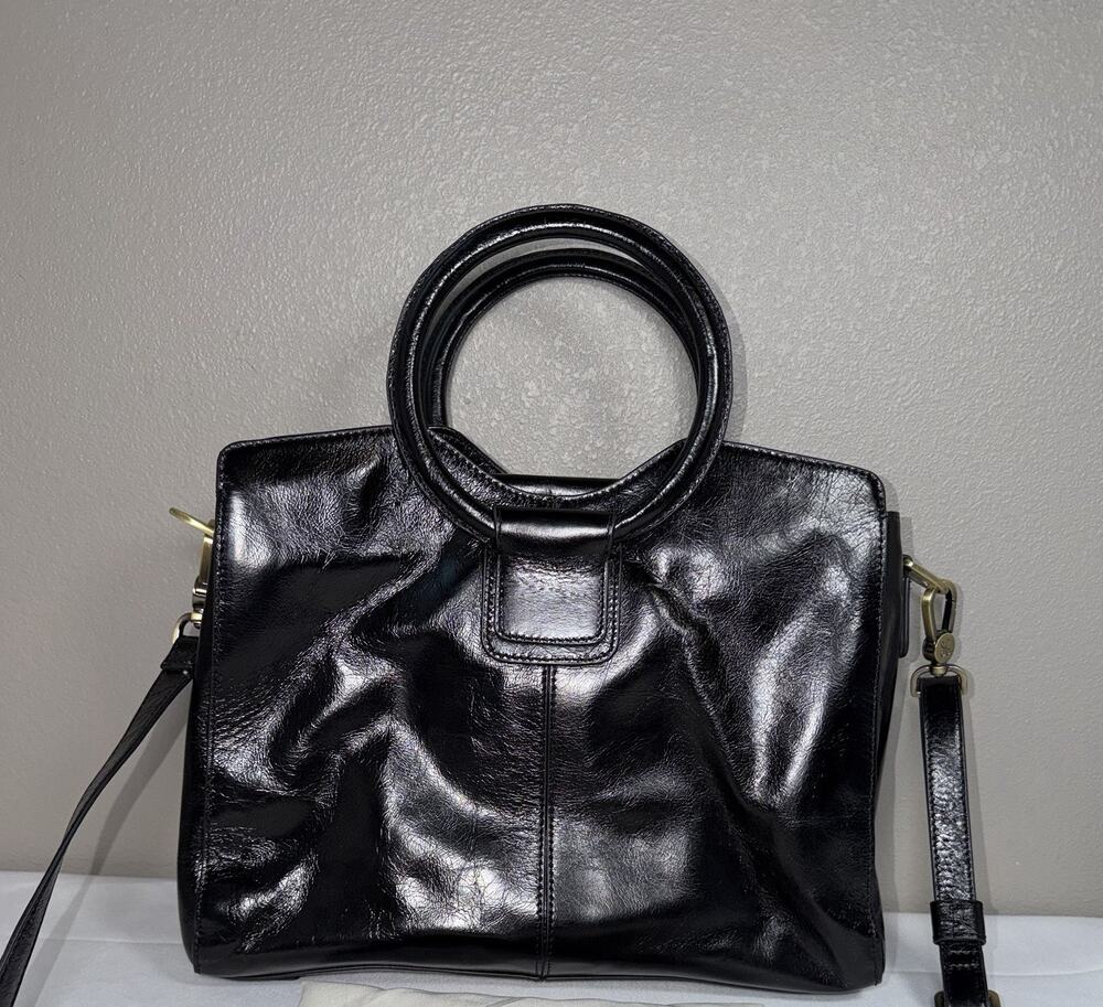 MINT Hobo Shiela Satchel Crossbody Bag Medium Black Polish Leather Top Handle